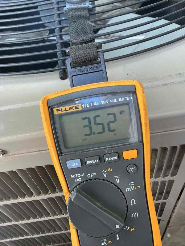 Completed comprehensive cooling maintenance on 16-year-old Bryant air conditioning system. Inspected contactor (good condition), tested capacitor and found weak readings on both fan and compressor nodes at 3.52 μF, verified refrigerant charge is adequate with dye present in system, confirmed amp draws within specifications, and inspected condenser coil (clean). Indoor inspection included furnace filter (clean), control board (good), blower wheel (clean), and evaporator coil (clean). Heat exchanger shows heavy heat stress on back bends. Measured temperature drop at 19 degrees, within acceptable range. Discussed findings and equipment condition with homeowner and scheduled follow-up consultation with service advisor for capacitor replacement and heat exchanger concerns.