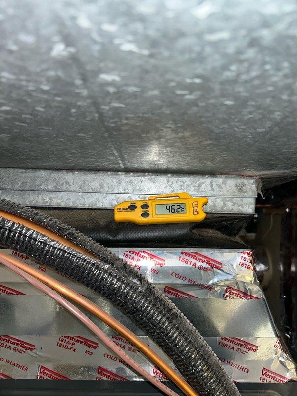Completed comprehensive AC tune-up and maintenance inspection for preventive maintenance agreement member. Performed multi-point system evaluation including thermostat calibration, air filter assessment, blower assembly inspection, outdoor coil examination, electrical component testing, condensate drain verification, and refrigerant performance analysis with temperature split measurements recording 46.2°F supply air temperature. All system parameters tested within manufacturer specifications with no mechanical defects, safety concerns, or refrigerant issues identified. System operating at optimal efficiency with proper airflow, electrical function, and drainage confirmed throughout indoor air handler and outdoor condensing unit.