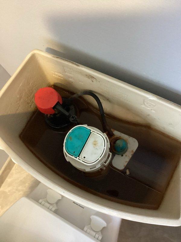 Responded to service call for continuously running toilet in unit 12-4. Upon inspection, found flush tower mechanism experiencing operational failure due to excessive iron content in water supply causing mineral buildup and interference. Tank interior exhibited significant rust-colored staining and discoloration throughout, with brownish water present indicating high iron concentration. Flush valve assembly components showing signs of binding and improper operation from accumulated mineral deposits. Diagnosed that internal flush mechanism requires complete replacement due to deterioration from poor water quality conditions. Provided estimate for replacement of all internal tank components to restore proper toilet function and eliminate continuous running condition.