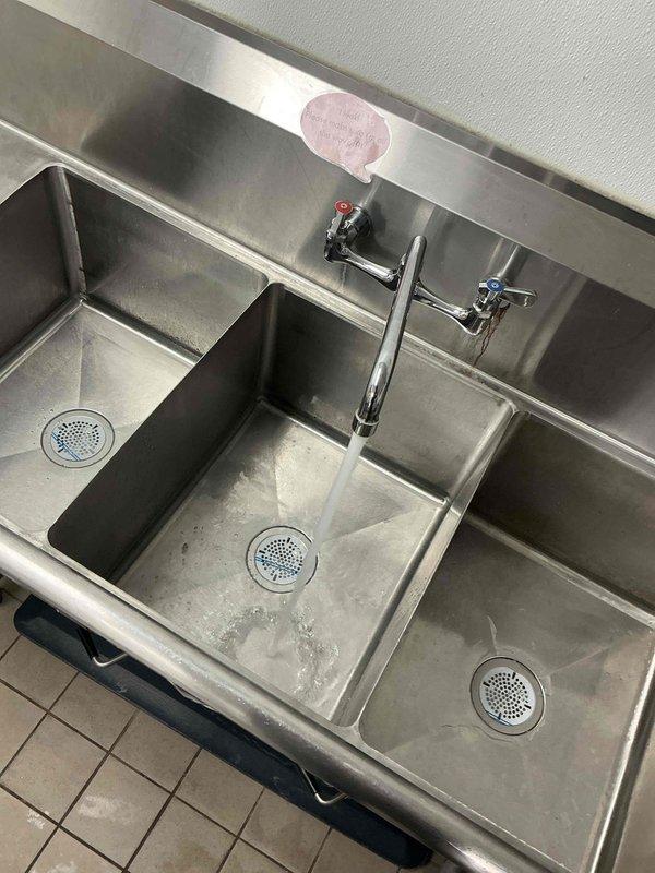 Replaced basket strainers on all three basins of a commercial-grade stainless steel triple-compartment sink. All new strainers were properly installed and tested for proper drainage and seal integrity, with a one-year workmanship guarantee provided on the completed repair.