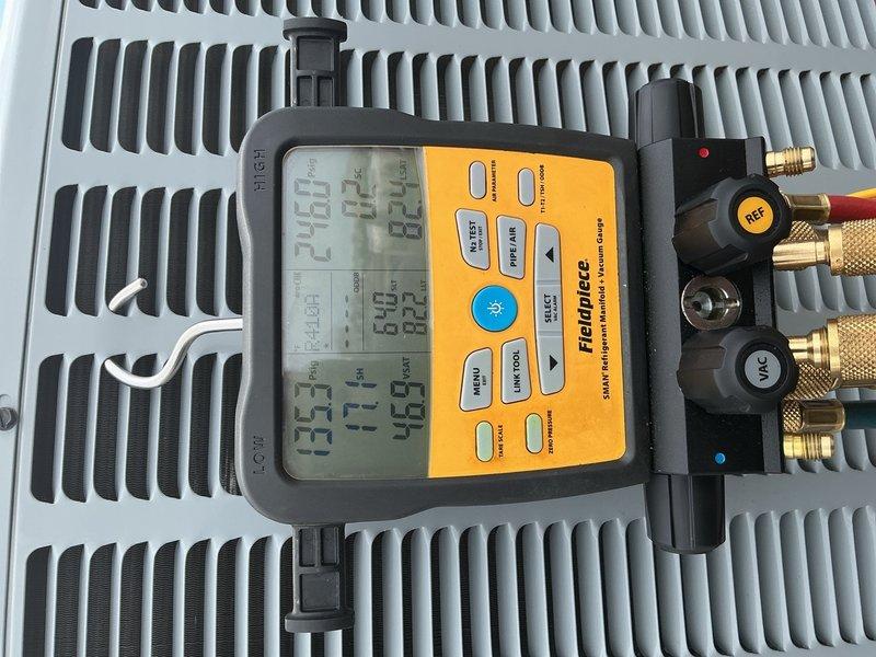 Completed comprehensive AC tune-up on rooftop unit. Accessed roof with key from front desk and performed full system inspection including blower motor evaluation, capacitor testing, contactor inspection, electrical wiring assessment, and refrigerant level verification using digital manifold gauges. Replaced air filter with proper size after confirming 16x16x1 was too large for unit. All electrical components, wiring connections, and refrigerant charge found to be within normal operating parameters. Blower motor operating properly with no signs of wear or malfunction. System tested and confirmed ready for cooling season operation.