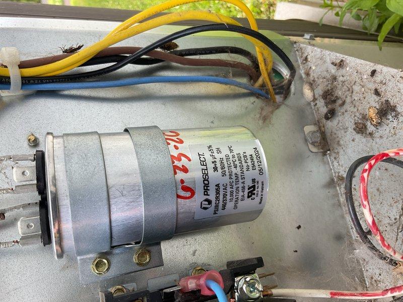 Responded to no cooling complaint on 10+ year old Carrier outdoor unit at rental property. Upon arrival, found condenser fan motor operating but compressor failing to start. Diagnosed failed run capacitor preventing compressor from energizing. Tested remaining electrical components and confirmed proper operation. Replaced defective dual run capacitor with OEM equivalent. Cycled system on and verified compressor startup and operation. Measured refrigerant subcooling and confirmed readings within manufacturer specifications, indicating proper charge and system performance. Unit restored to normal cooling operation.