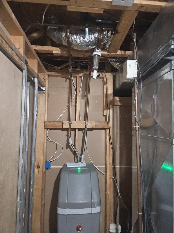Responded to water treatment system leak in utility area. Upon inspection, identified leaking sediment filter as source of water intrusion. Removed and eliminated the faulty sediment filter housing from the PVC water treatment assembly. System secured and leak resolved.