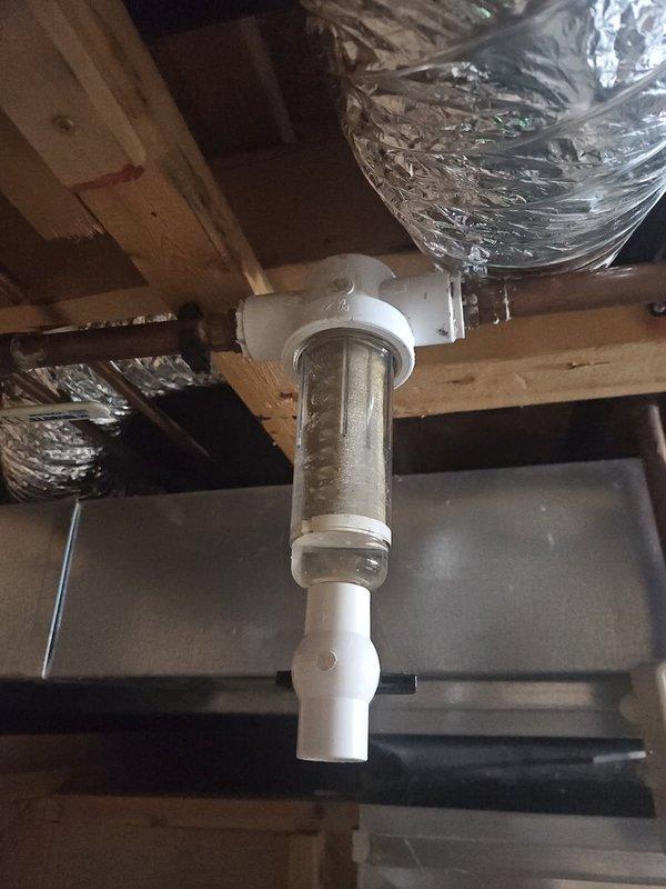 Responded to water treatment system leak in utility area. Upon inspection, identified leaking sediment filter as source of water intrusion. Removed and eliminated the faulty sediment filter housing from the PVC water treatment assembly. System secured and leak resolved.