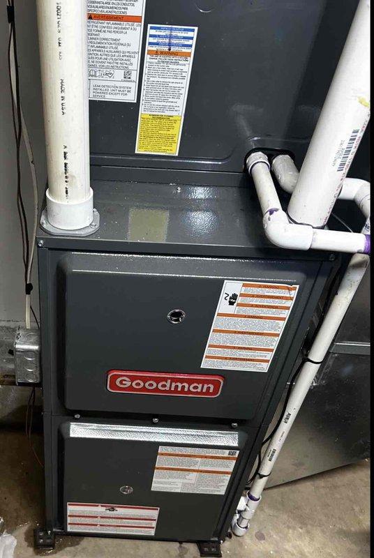 Replaced failed expansion valve (TXV) and RDS control board on Goodman HVAC system. Installed new components, performed verification test to activate RDS settings on integrated furnace control, and adjusted blower speed to match 2-ton system capacity. Evacuated refrigerant lines, recharged system with R32 refrigerant, and conducted operational testing. System now operating within specifications with proper temperature split across furnace.