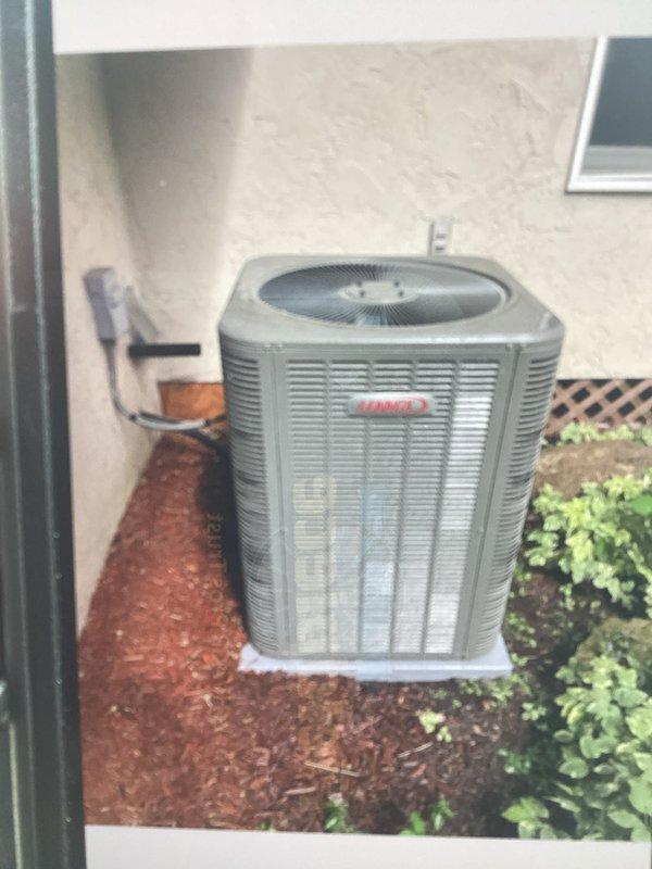 Responded to service call for 1-year-old Lennox AC unit reporting loud jet-like noise and lack of cooling. Upon arrival, inspected outdoor condensing unit and determined noise was likely caused by debris that had fallen into fan assembly during operation. Verified system operation, confirmed adequate cooling performance, and found no mechanical defects or required repairs. Addressed homeowner questions regarding thermostat operation and confirmed unit is functioning properly under 10-year parts and 5-year labor warranty coverage.