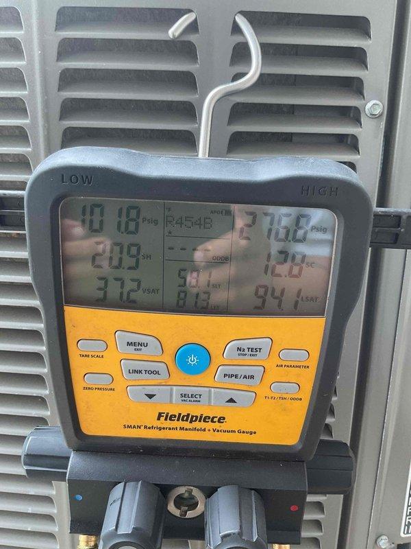 Completed annual cooling maintenance visit on residential HVAC system including one air conditioning unit and one air handler. Performed comprehensive tune-up service, addressing dirty condenser coil and filter. Cleaned condenser unit thoroughly and replaced air filter. Conducted system diagnostics using refrigerant manifold gauge, verifying proper refrigerant pressures, superheat, and subcooling values to ensure optimal system performance.
