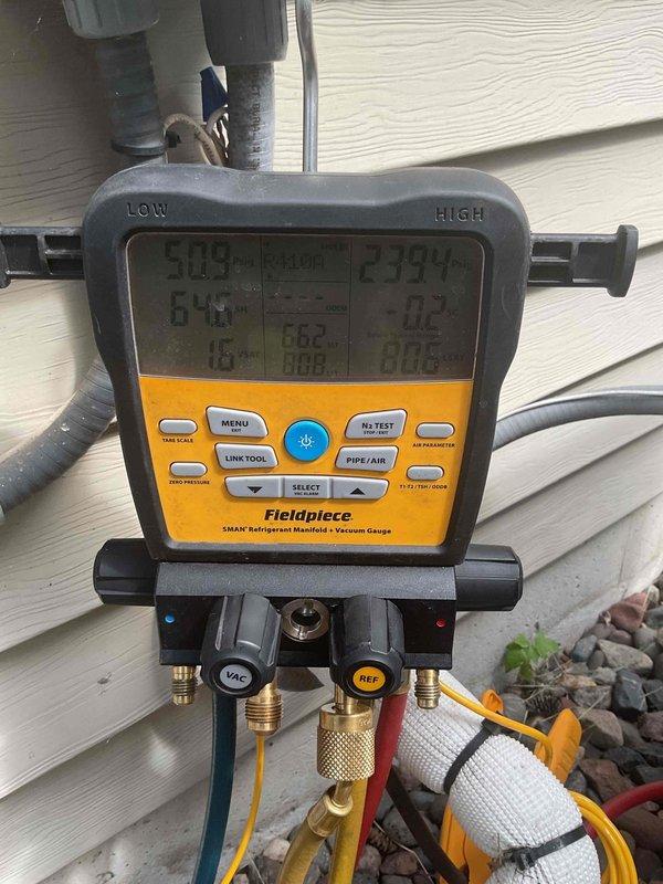 # HVAC Service Report

Responded to no cool complaint on Lennox residential air conditioning system. Unit was found to be low on refrigerant and not cooling adequately. Added UV leak detection dye to system and recharged refrigerant to proper operating levels using manifold gauges. System pressures and temperatures were verified and brought within normal operating parameters. Customer advised that unit is under warranty and to monitor system performance for potential leak issues.