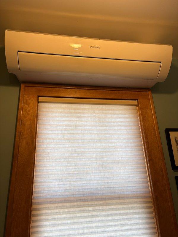 Completed maintenance on two mini split systems. The Daikin unit is operating properly with no issues found. The 11-year-old Samsung mini split system was found low on refrigerant for the second consecutive year, indicating a leak. Added UV dye and 4 lbs of R410a refrigerant to restore system charge, achieving operating pressures of 156 PSI with 40°F saturation temperature, 19°F superheat, and 20°F delta-T. Customer approved three-step leak detection process and will schedule estimate for system replacement.