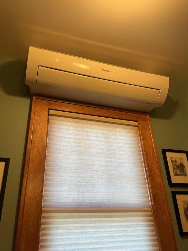 Completed maintenance on two mini split systems. The Daikin unit is operating properly with no issues found. The 11-year-old Samsung mini split system was found low on refrigerant for the second consecutive year, indicating a leak. Added UV dye and 4 lbs of R410a refrigerant to restore system charge, achieving operating pressures of 156 PSI with 40°F saturation temperature, 19°F superheat, and 20°F delta-T. Customer approved three-step leak detection process and will schedule estimate for system replacement.