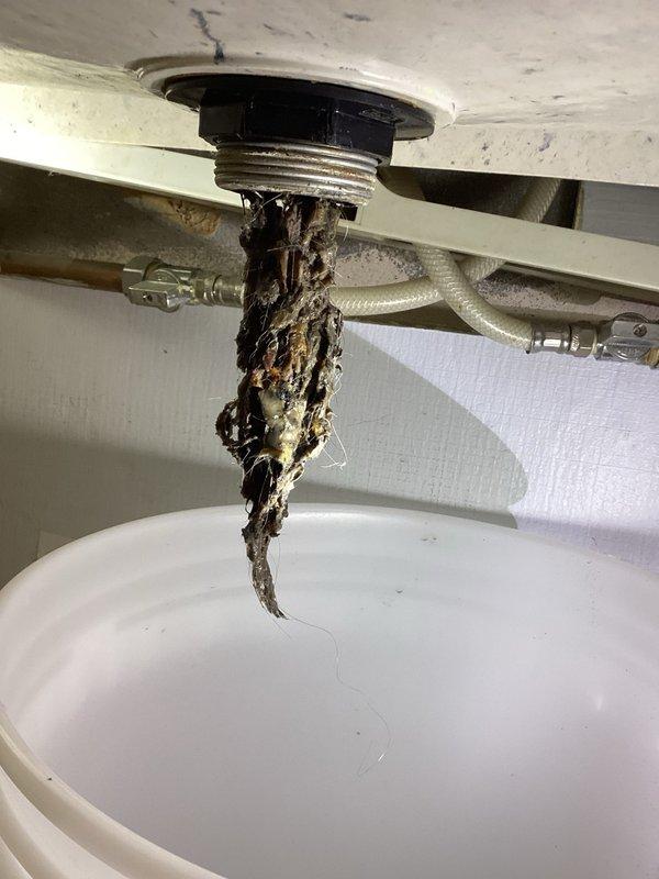Responded to a clogged basement utility sink drain. Upon inspection, found significant accumulation of lint and debris causing complete blockage of the drain assembly. Removed the clog by extracting the matted fibrous material from the drain system, restoring proper drainage function to the utility sink.