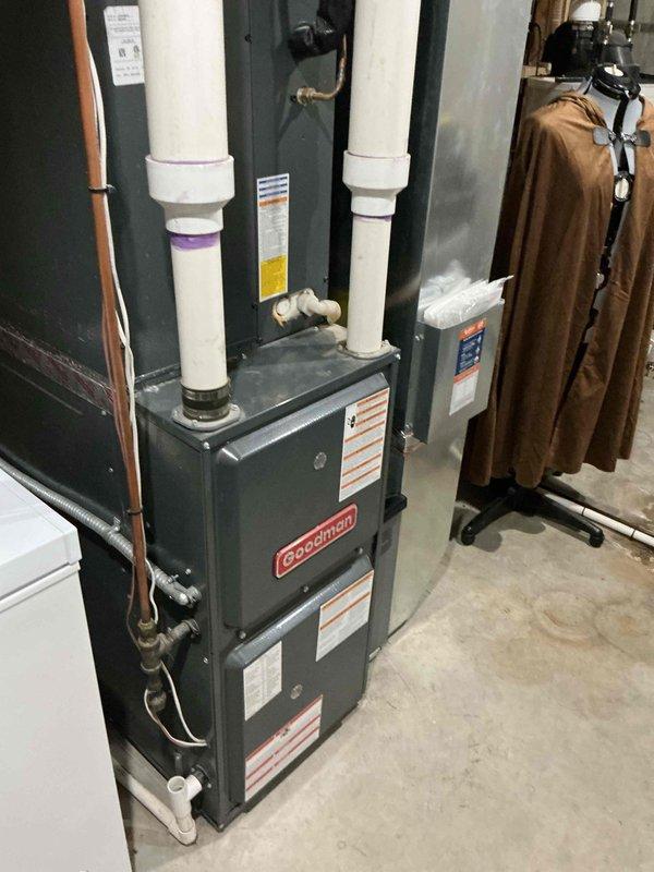 Responded to no cooling complaint on approximately 5-year-old Goodman air conditioning system. Upon inspection, discovered disconnect box receiving only 120V instead of required 240V, preventing system operation. Identified faulty disconnect box as root cause requiring electrical repair. Customer declined service as family member who is a licensed electrician will replace the disconnect box.
