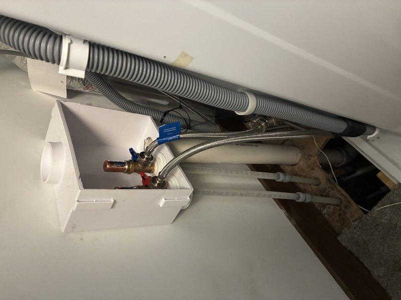 Investigated master laundry disaster pan drain that failed to function during previous water leak event. Identified drain riser pipe positioned quarter to half inch too high, preventing proper drainage from disaster pan. Corrected issue by cutting and shortening the riser pipe by half inch to achieve proper drainage elevation, ensuring future water leaks will properly drain into pan and through drainage system.