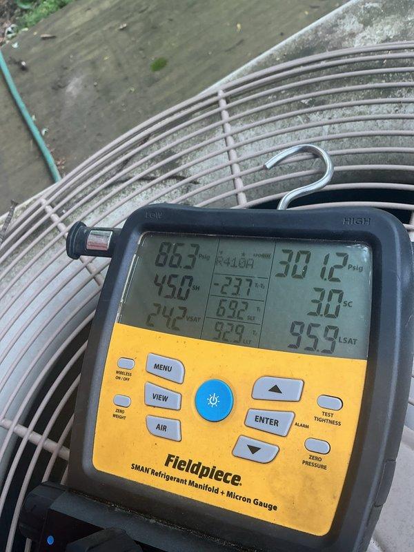 Responded to no cooling complaint on 21-year-old Lennox system. Upon inspection, found system cycling improperly with condenser shutting off prematurely while indoor blower continued to run. Used Fieldpiece manifold gauge to diagnose refrigerant levels and confirmed system is significantly low on R410A refrigerant, indicating a leak in the system. Observed water accumulation on floor around indoor unit. System requires leak detection, repair, and refrigerant recharge. Provided customer with repair estimate for R410A system work and recommended comfort advisor consultation given age of equipment.