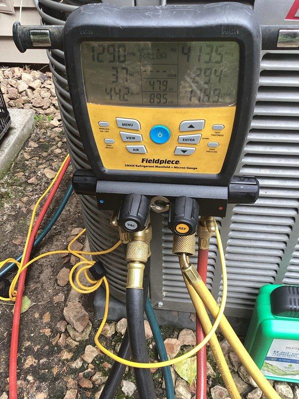 Responded to no cooling complaint and found system low on R410A refrigerant. Added two pounds of refrigerant to restore proper charge levels and injected UV dye into the system for leak detection. System returned to operational status. Follow-up visit required to perform thorough leak search using UV light once dye has circulated through the system.