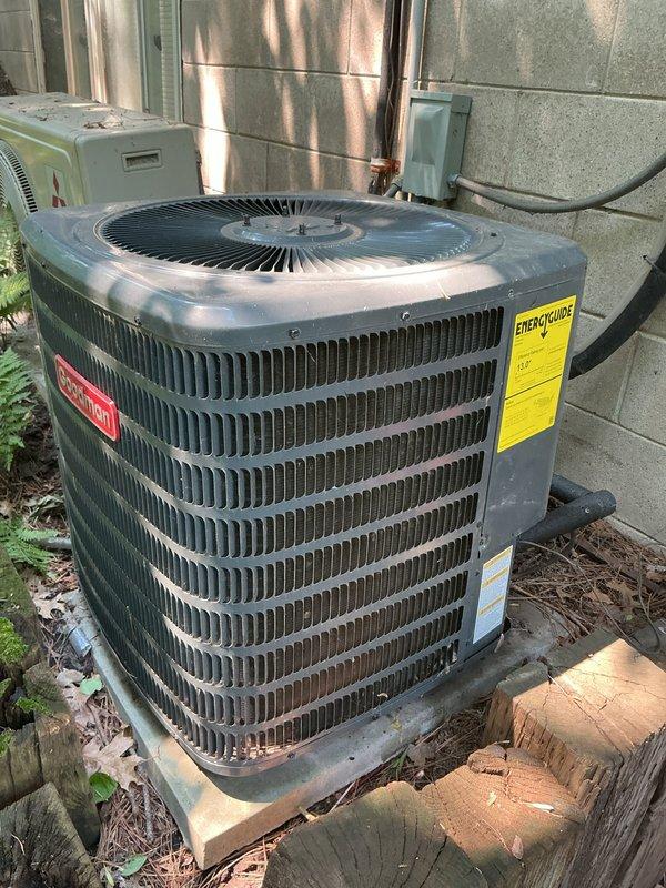 Responded to no cooling complaint on Goodman outdoor condensing unit. System diagnostics revealed low refrigerant charge. Added refrigerant to manufacturer specifications and restored proper cooling operation.