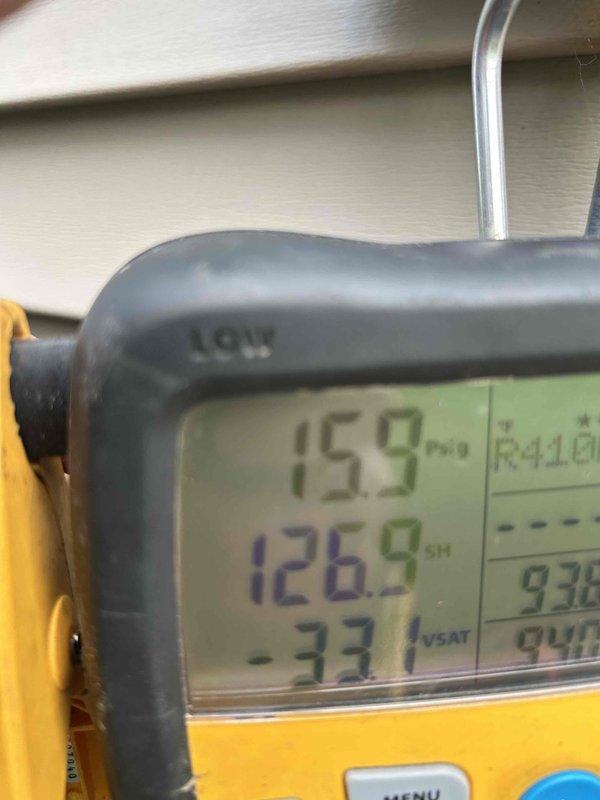 Responded to no cooling complaint on mini split system. Found unit low on refrigerant charge. Performed leak check at service ports with electronic detector showing no leaks at connection points, indicating refrigerant loss occurring elsewhere in system. Added refrigerant charge and UV dye to system for future leak detection. Verified proper cooling operation with supply air temperature reading of 46.9°F and confirmed system pressures and superheat readings within acceptable range at 15.9 PSIG with 126.9°F superheat on R-410A refrigerant. System restored to normal cooling operation.