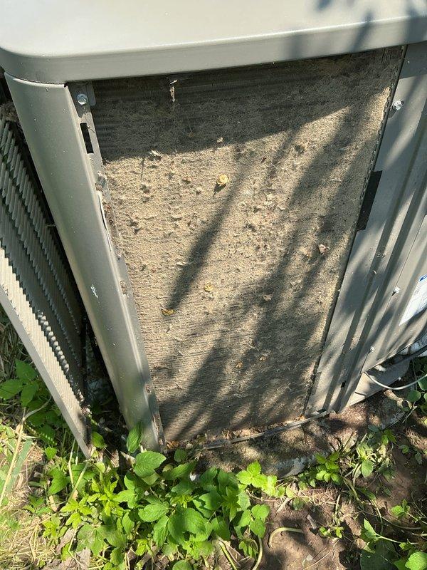 Responded to no cooling complaint on 2022 Lennox system affecting whole home. Upon inspection, found condenser coil heavily soiled with dirt and debris accumulation restricting airflow. Cleaned condenser coil to restore proper heat exchange and system operation. Completed maintenance inspection as requested, verifying system returned to normal cooling function.