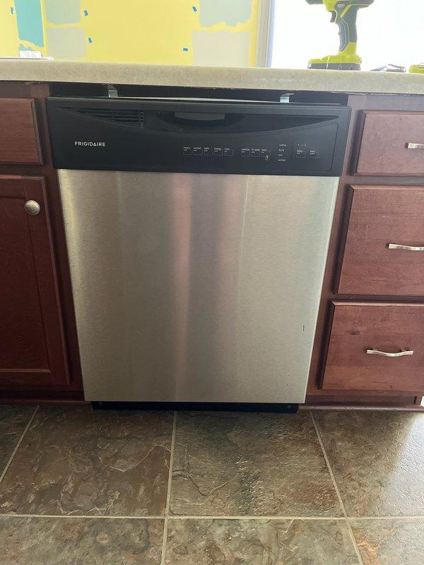 Installed customer-supplied Frigidaire dishwasher, including proper connection of water supply and drain lines, and removed existing Bosch dishwasher unit. Replaced leaking shower head fixture to resolve water leak issue. Provided quote for disposal of old dishwasher unit.