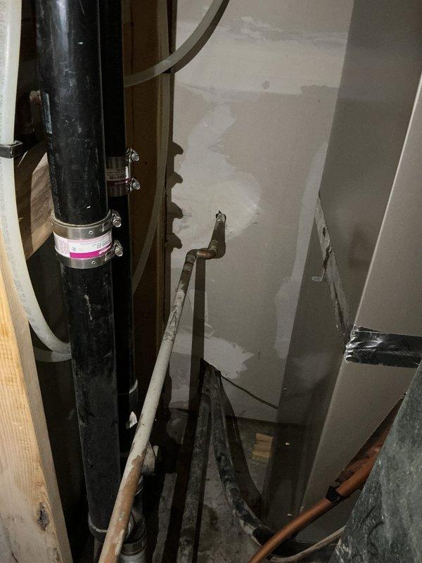 Responded to service call for two leaking outdoor hose spigots that would not shut off completely. Upon diagnostic inspection, determined that internal seals were destroyed on both spigots and the rear spigot had a broken handle. Successfully removed and replaced the front hose spigot with a new frost-free unit by cutting an access hole in the interior ceiling. Relocated the shut-off valve to a more accessible position for future maintenance and installed an access panel to cover the ceiling opening. Tested all connections and valve operation to confirm proper function with no leaks present. Provided quote for replacement of the rear spigot to address remaining issue.