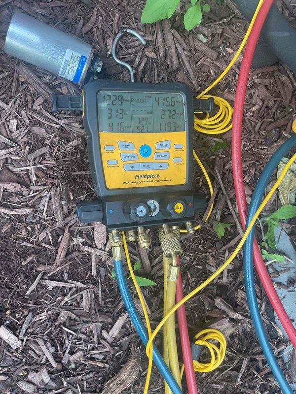 # HVAC Service Report

Responded to no cooling complaint on 18-year-old residential air conditioning system. Upon arrival, confirmed outdoor unit condenser fan motor was not operating. Performed diagnostic testing and identified failed dual run capacitor as root cause of system failure. Capacitor tested outside acceptable microfarad range, preventing fan motor from starting while compressor attempted to run. 

Replaced defective capacitor with properly rated OEM equivalent part. Verified correct wiring connections and secure mounting. Started system and confirmed condenser fan motor operation restored. Monitored system through complete cooling cycle. Verified proper refrigerant pressures and temperatures using digital manifold gauges. All operating parameters returned to normal specifications. System cooling effectively upon departure.