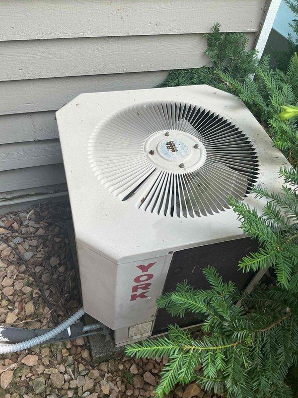Responded to a no cool call on a 36-year-old York air conditioning system. Upon arrival, diagnosed a completely locked up condenser fan motor preventing the unit from operating. Discussed replacement options with homeowner and scheduled follow-up consultation with service advisor to review system solutions.