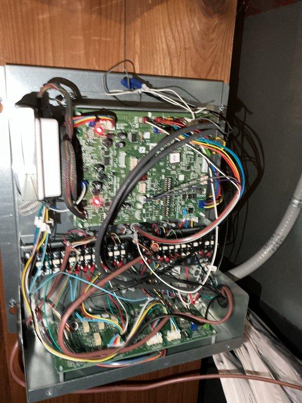Replaced defective relay board for A-Coil controller under parts and labor warranty. Diagnosed power loss issue between low voltage wiring and thermostat connection. Installed temporary thermostat to maintain system operation while awaiting permanent air controller board replacement, which was subsequently installed during return visit to complete the repair.