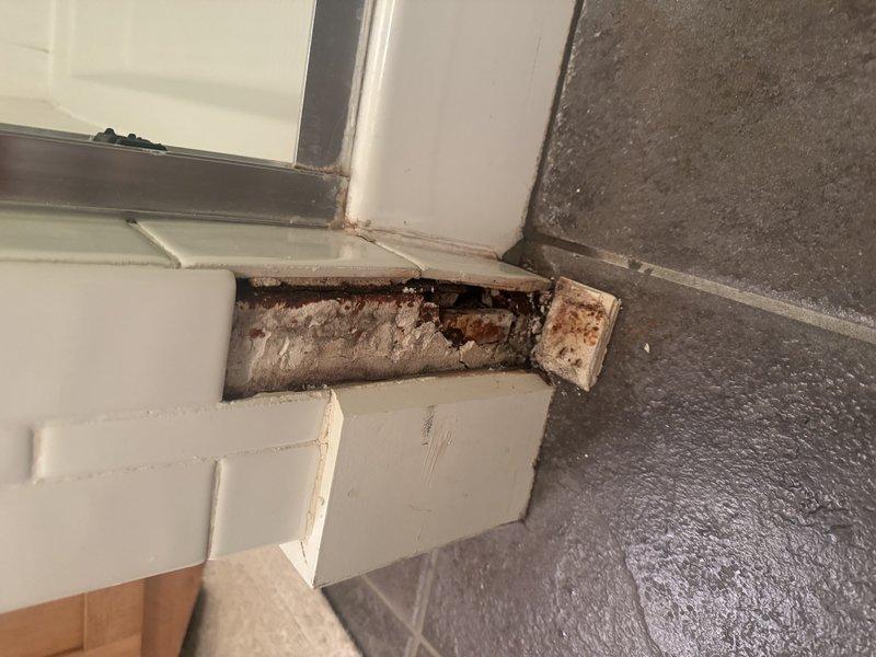 Completed annual plumbing inspection of residential property. Identified active leak originating from downstairs shower enclosure causing significant water damage to adjacent door frame, threshold, and surrounding wall structures. Documented extensive deterioration including rust staining on metal fasteners, compromised wooden framing, and moisture damage to painted surfaces at floor level where shower meets bathroom flooring. Customer notified that repair estimate will be provided for remediation of leak source and structural damage.