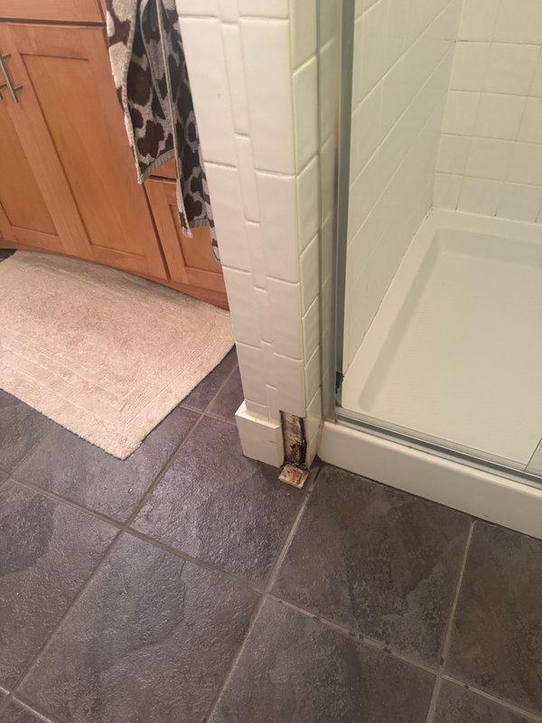 Completed annual plumbing inspection of residential property. Identified active leak originating from downstairs shower enclosure causing significant water damage to adjacent door frame, threshold, and surrounding wall structures. Documented extensive deterioration including rust staining on metal fasteners, compromised wooden framing, and moisture damage to painted surfaces at floor level where shower meets bathroom flooring. Customer notified that repair estimate will be provided for remediation of leak source and structural damage.