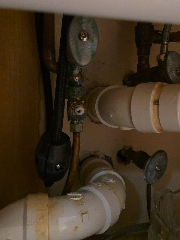Responded to a broken dishwasher angle stop valve where the handle had completely broken off, preventing proper water shut-off capability. Replaced the defective angle stop valve with a new unit, restoring full water control functionality to the dishwasher supply line. All connections were tested for proper operation and verified leak-free upon completion.