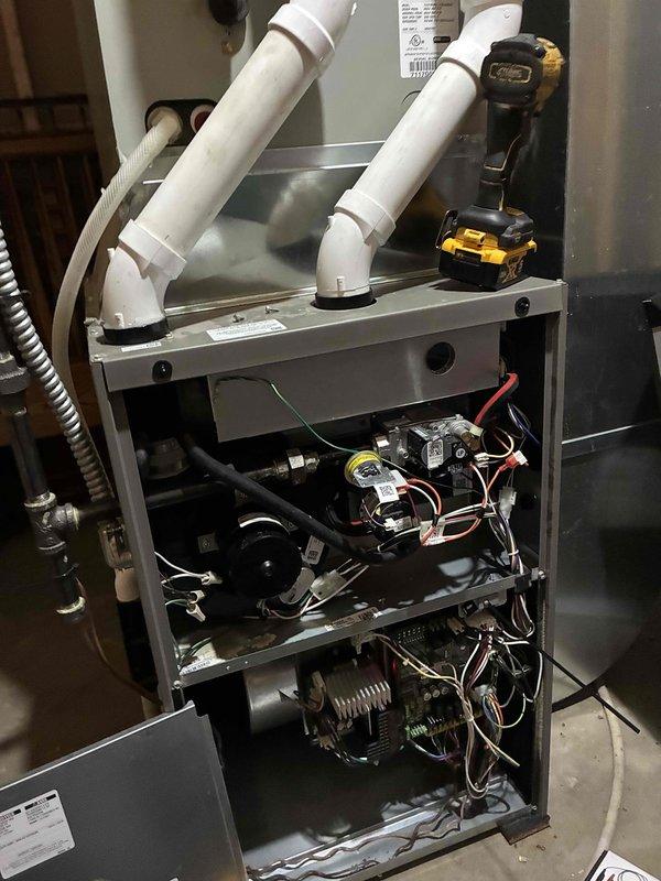 Responded to no-cool call on 8-year-old central air conditioning system with complete loss of cooling and blower operation. Upon arrival, determined unit had experienced coil freeze-up due to restricted airflow from dirty filter and closed registers throughout the home. High static pressure from frozen coil caused blower motor to shut down on error code. 

Replaced air filter and verified all supply registers were opened to restore proper airflow. Started system and confirmed all components functioning properly. Adjusted blower speed from 800 CFM to 900 CFM to optimize airflow for 2.5-ton system capacity. Connected manifold gauges and recorded operating pressures: 300 PSIG high side, 125 PSIG low side, with 20°F superheat and 13°F subcool—all within manufacturer specifications. Suction saturation temperature measured at 41°F, indicating proper refrigerant charge and system operation.

System now operating normally with proper cooling output. All issues resolved as residual effects from