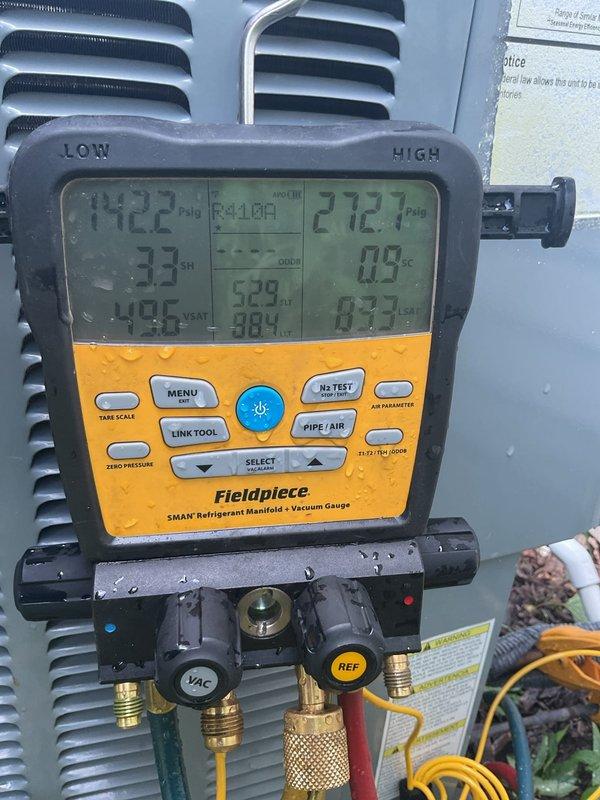 Responded to no cooling complaint on 3-year-old residential air conditioning system. Upon arrival, discovered blown low voltage fuse caused by severely restricted airflow at outdoor condenser unit. Condenser coil was heavily contaminated with dirt and debris, causing system to draw excessive amperage and blow protective fuse. Replaced damaged low voltage fuse and performed thorough condenser coil cleaning using pressurized water to restore proper airflow and heat transfer. Verified system operation with manifold gauges, confirming proper refrigerant pressures and temperatures after service. System restored to normal cooling operation with proper airflow through condenser and stable electrical operation.