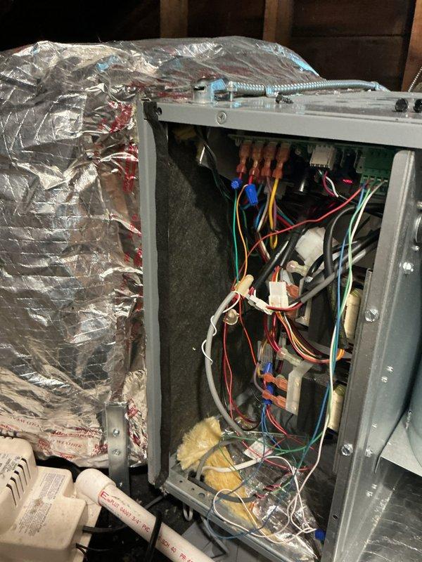 Responded to no cooling call on less than one-year-old air conditioning system. Upon inspection, discovered the wet switch (condensate overflow safety switch) had tripped, shutting down the system to prevent water damage. Replaced the faulty wet switch with new component, tested system operation, and verified proper cooling function restored.
