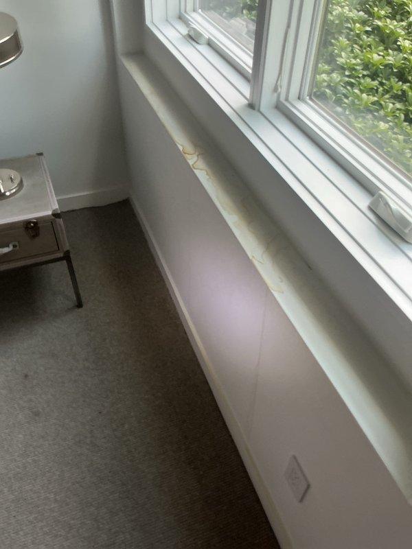 Responded to service call for two separate water leaks beneath floorboards causing water intrusion into basement bedroom and shower area below. Inspected exterior hose bib with copper supply line and identified active leak in water feed line servicing outside faucet, which had previous repair history and presented difficult access due to location under flooring near toilet fixture. Assessed second leak source potentially originating from washer drain system, with water migrating through floor assembly into finished basement bedroom space. Documented conditions with photographs showing exterior spigot mounting and affected interior basement room with carpeting and window area. Coordinated with water damage restoration contractor to perform exploratory ceiling removal for proper access to concealed plumbing lines and complete necessary repairs to both leak locations.