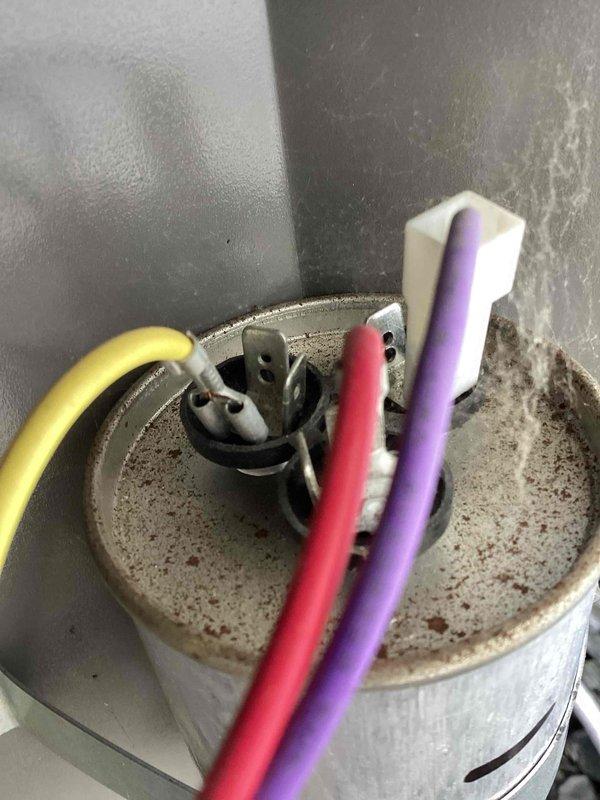 Responded to no cooling call on 3-year-old system. Upon arrival, unit was operational after homeowner had cleaned outdoor unit and reset system following weekend failure with clicking noise and non-functioning indoor blower. Performed thorough inspection of Rheem Criterion high-efficiency system to identify cause of initial failure. Examined electrical connections at dual capacitor, noting discoloration and corrosion on capacitor housing with multiple wire terminals showing signs of heat stress and weathering. Verified all electrical connections were secure and tested capacitor functionality. Inspected air handler cabinet and confirmed proper airflow through louvers. System operating normally at time of inspection with no faults detected. Documented equipment condition with photos of capacitor connections and air handler for future reference.
