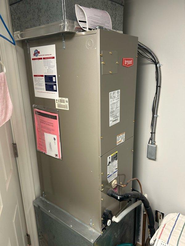 Performed comprehensive AC tune-up on rooftop Bryant air handler system after coordinating roof access with front desk. Conducted full maintenance inspection including thermostat operation verification (Honeywell digital unit displaying proper temperature readings), filter condition assessment, blower assembly examination, outdoor coil inspection, electrical component testing, contactor and capacitor evaluation, condensate drain check, refrigerant performance analysis, and temperature split measurements. All system readings confirmed within normal operating parameters with no mechanical defects or safety concerns identified. System operating properly at this time. Advised on importance of regular filter changes, maintaining clean indoor and outdoor coils, and scheduling routine preventive maintenance to ensure continued optimal performance and prevent future issues.