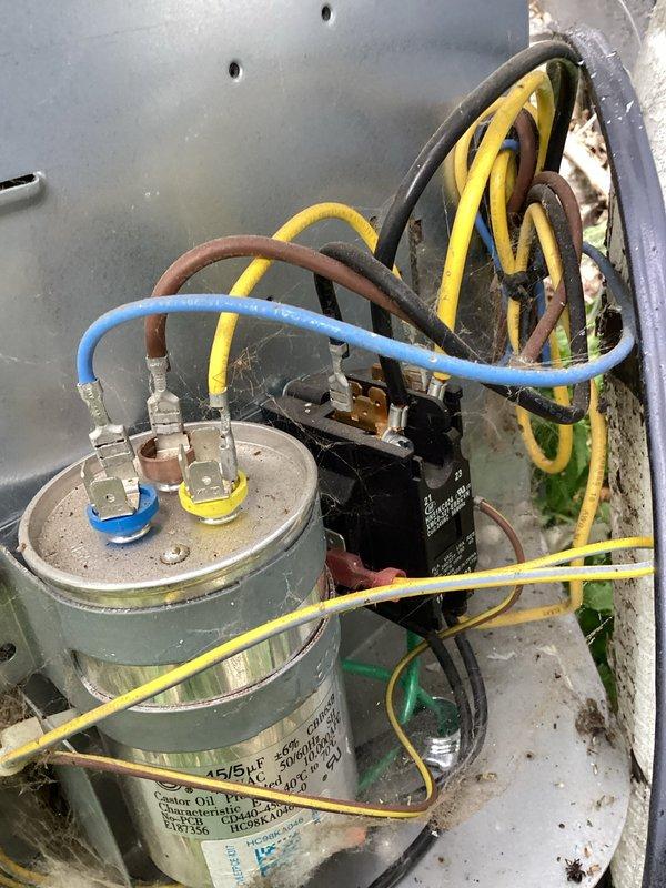 Responded to no cooling complaint where system was blowing warm air. Upon inspection, diagnosed failed dual run capacitor in outdoor condensing unit. Replaced defective capacitor with new unit per manufacturer specifications. Verified proper electrical connections, tested system operation, and confirmed unit cooling properly before departure.
