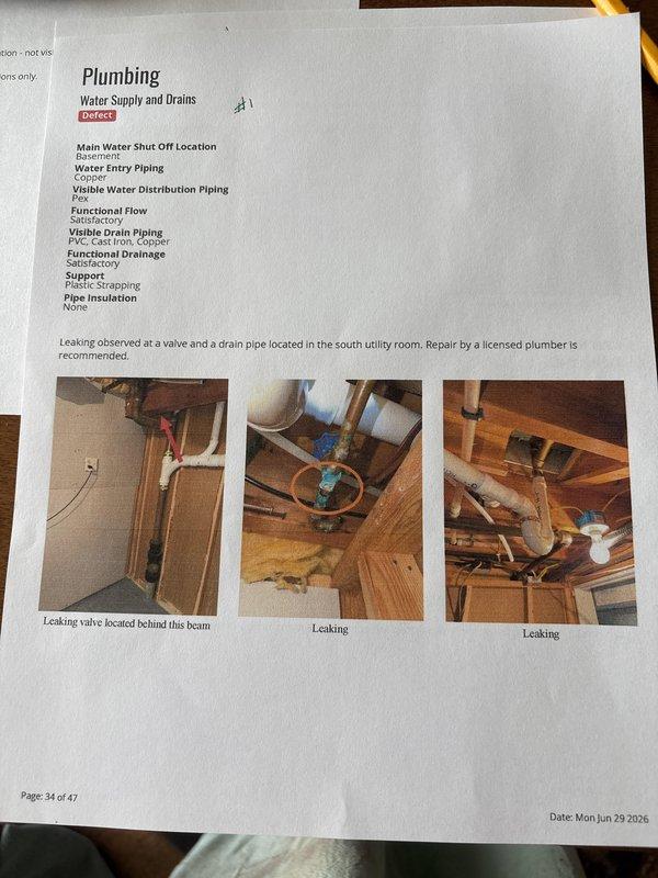 Responded to water leak in south utility room identified in home inspection report. Replaced leaking valve behind structural beam and installed proper discharge piping for water heater temperature and pressure relief valve, which was previously missing and posed a safety hazard.