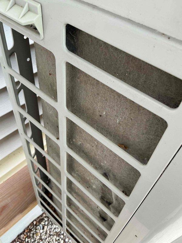 Completed routine AC maintenance on FRM 12-5 unit. System was operational but running inefficiently due to heavily soiled air filter and dirty condenser coil. Replaced clogged filter with new unit-provided filter and thoroughly washed condenser coil to restore proper airflow and heat transfer efficiency.