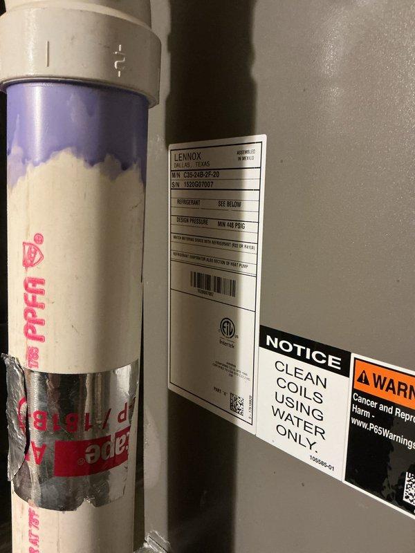 Responded to no cool call on a Lennox air conditioning system with insufficient cooling performance. Upon inspection, measured temperature split of only 9 degrees across the evaporator coil, indicating inadequate refrigerant charge. Diagnosed system as low on R-410A refrigerant. Provided repair options including refrigerant recharge, leak detection and repair, or full system replacement due to age and obsolete refrigerant type. Scheduled estimate for new AC system installation.