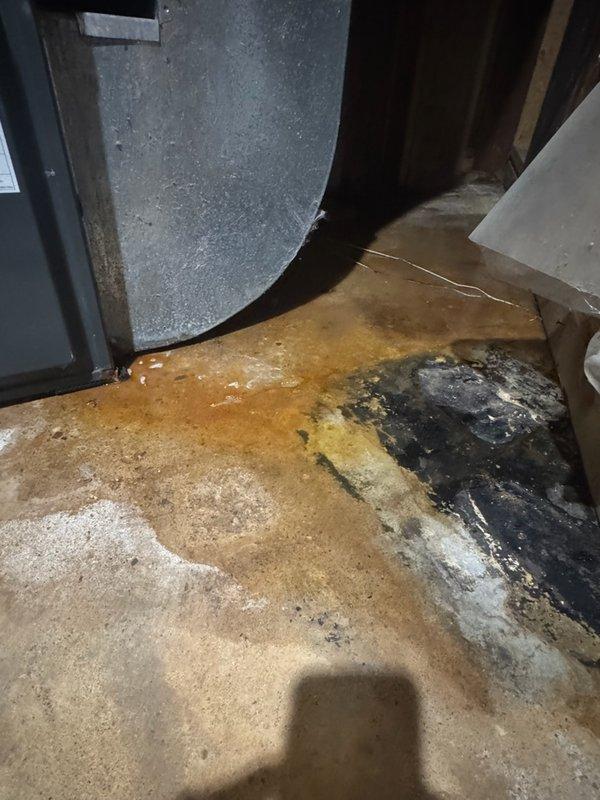 Responded to emergency service call for furnace system leaking water extensively throughout basement area. Upon inspection, discovered evaporator coil was improperly positioned by installation crew, causing condensate drainage failure and significant water accumulation on concrete floor with visible staining and moisture damage. Documented conditions with photographs showing water pooling, floor discoloration, and affected areas around HVAC ductwork and utility infrastructure. Identified that installation team needs to return to properly reposition evaporator coil and correct drainage issues to prevent further water damage to vacant property.
