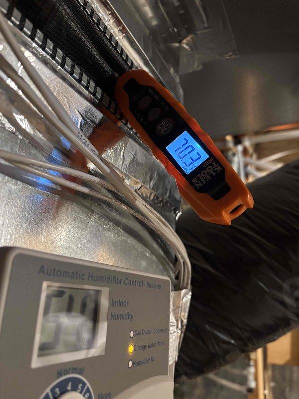Performed comprehensive AC maintenance on single 410A refrigerant system with ambient temperature at 84 degrees. Conducted thorough inspection of air filter, thermostat operation, temperature split, condenser unit, evaporator and condenser coils, blower motor, capacitors, compressor, refrigerant charge level, and condensate drain system. 

Diagnostic testing revealed elevated superheat readings indicating low refrigerant charge, which correlated with reported inadequate cooling performance. Measured electrical values using digital multimeter to verify capacitor and motor operation within specifications. Monitored supply and return air temperatures to confirm insufficient temperature differential prior to repair.

Upon approval, recharged 410A refrigerant system to manufacturer specifications to restore proper cooling capacity. Added UV dye solution to refrigerant circuit to facilitate future leak detection and diagnosis. Verified system operation post-repair with all components functio