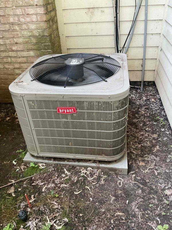Responded to no cooling complaint with system failing to maintain temperature setpoint of 72 degrees while interior reached 80 degrees. Upon inspection of the Bryant outdoor condensing unit, diagnosed refrigerant leak causing low refrigerant charge in the approximately 10-year-old system. Due to the age of the equipment and cost-effectiveness analysis comparing repair expenses versus replacement value, recommended full system replacement rather than refrigerant recharge and leak repair. Provided replacement estimate and customer approved system replacement.