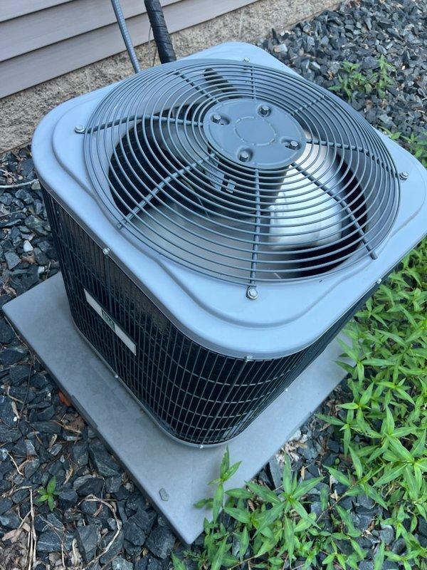 Responded to no cooling complaint on residential air conditioning system under 10 years old. Upon inspection, determined compressor was not operating. Diagnosed failed run capacitor preventing compressor from starting. Replaced defective capacitor with proper replacement part, restoring system to normal cooling operation.