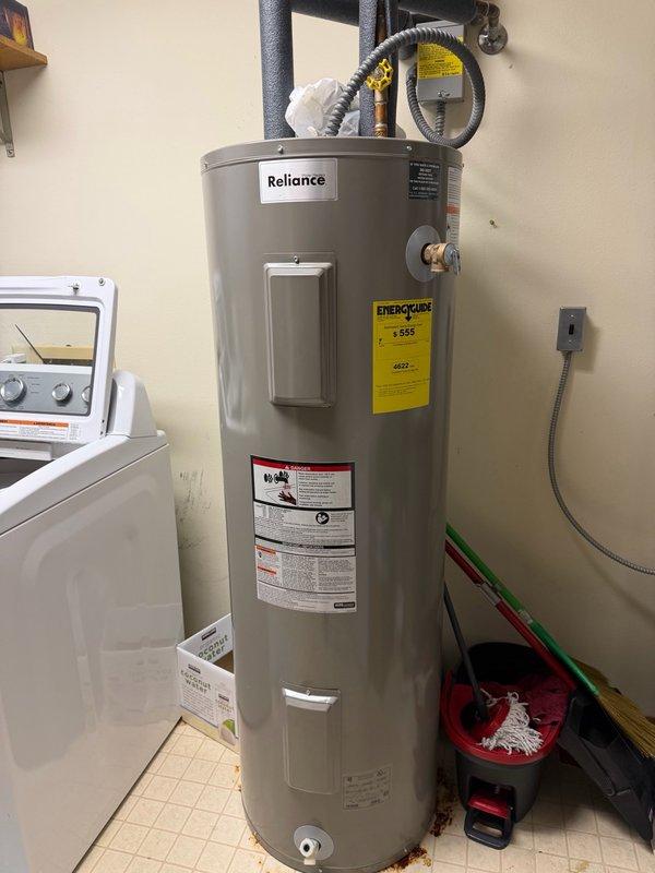 Responded to a no hot water complaint on a Reliance brand electric water heater. Upon inspection, diagnosed failed thermostat and heating elements as the cause of the issue. Replaced both thermostats and heating elements, restored unit to proper operation, and verified hot water production before completing the service call.