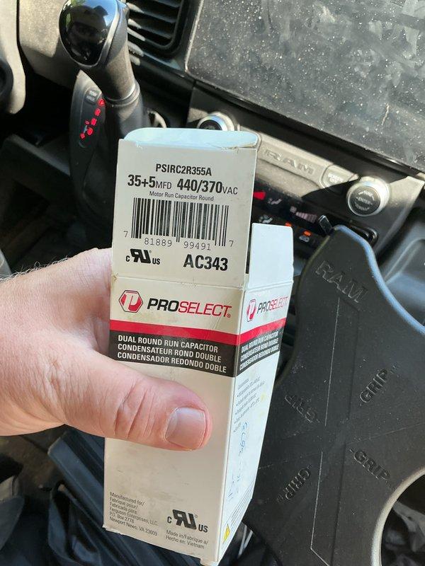 Responded to no cooling complaint on 12-year-old Comfortmaker air conditioning system with condenser clicking but not running. Diagnosed failed dual run capacitor (35+5 MFD 440/370VAC). Replaced capacitor with ProSelect PSIRC2R355A unit and performed complete system run test. Verified proper refrigerant charge levels, inspected all electrical components, and confirmed 18-degree temperature split across evaporator coil. System restored to normal operation.