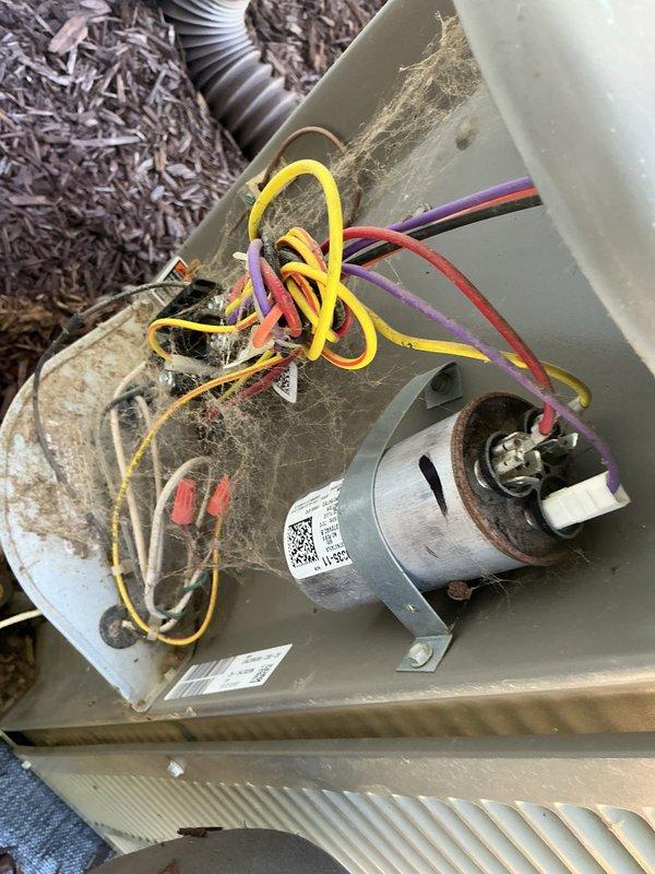Responded to no cooling complaint with A450 error code on 9-year-old system. Diagnosed failed dual capacitor through visual inspection and electrical testing. Replaced defective dual capacitor, verified proper electrical connections, and confirmed system returned to normal operation with all components functioning correctly.