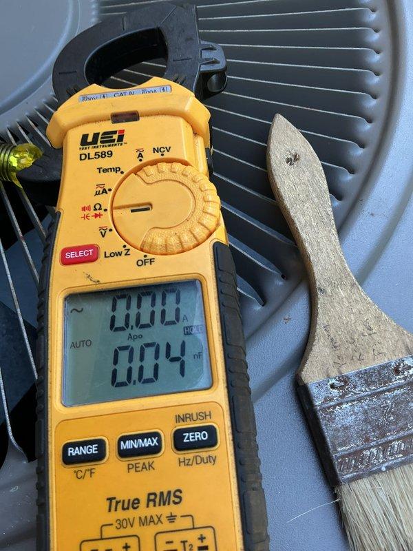Responded to no cooling complaint with A450 error code on 9-year-old system. Diagnosed failed dual capacitor through visual inspection and electrical testing. Replaced defective dual capacitor, verified proper electrical connections, and confirmed system returned to normal operation with all components functioning correctly.