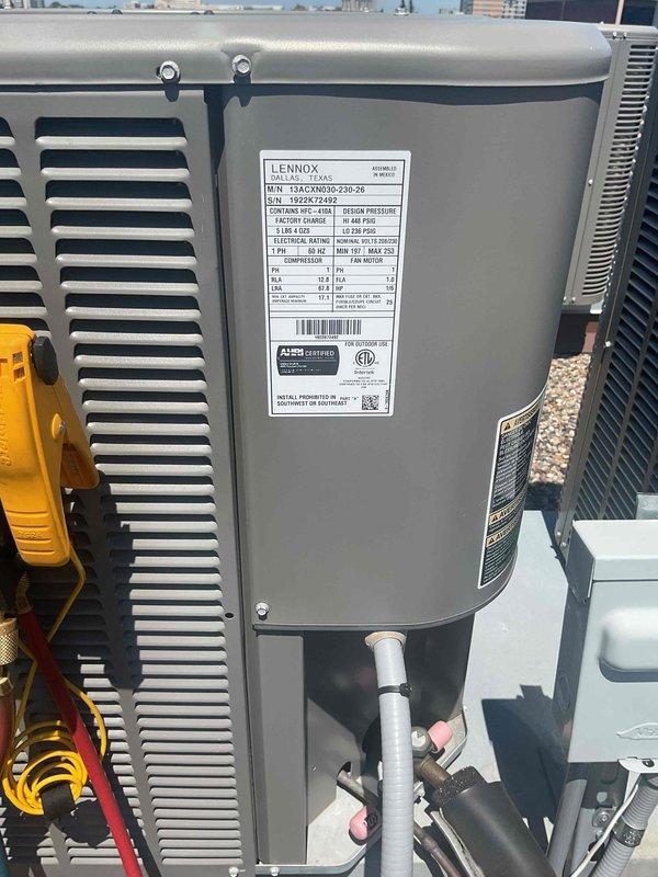 Performed comprehensive AC tune-up on rooftop Lennox unit, including inspection of all major components, airflow verification, and filter service with 20x20x1 replacement. System evaluated and confirmed operating within normal parameters with proper cooling performance and no deficiencies noted.
