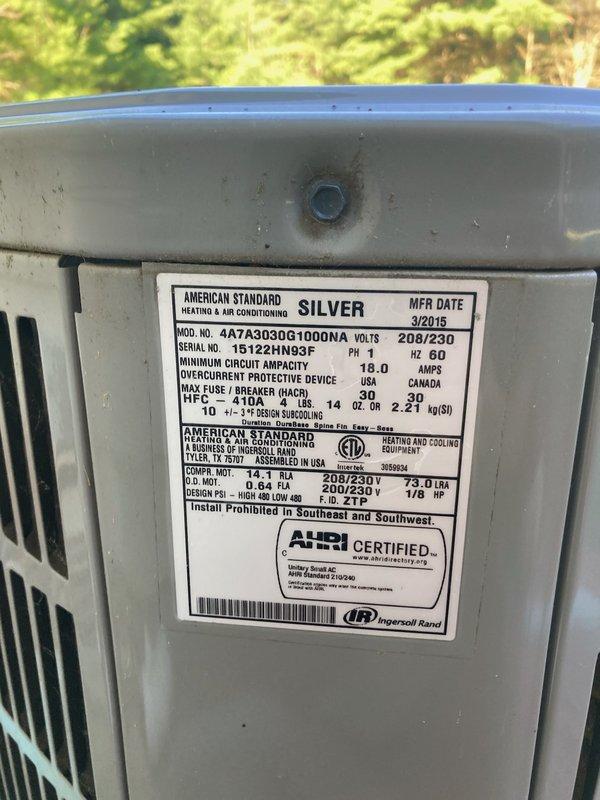 Responded to no cooling complaint on 10-year-old American Standard Silver series air conditioning unit. Upon arrival, found indoor blower operating and thermostat calling for cooling, but outdoor condensing unit failed to start. Diagnosed dual-run capacitor completely failed, reading 0 microfarads on both compressor and fan motor terminals. Replaced defective capacitor and verified system operation, achieving proper 20-degree temperature split across evaporator coil. Advised customer that capacitor failure often indicates pending condenser fan motor failure and recommended obtaining estimate for motor replacement as preventative measure to avoid future breakdown.